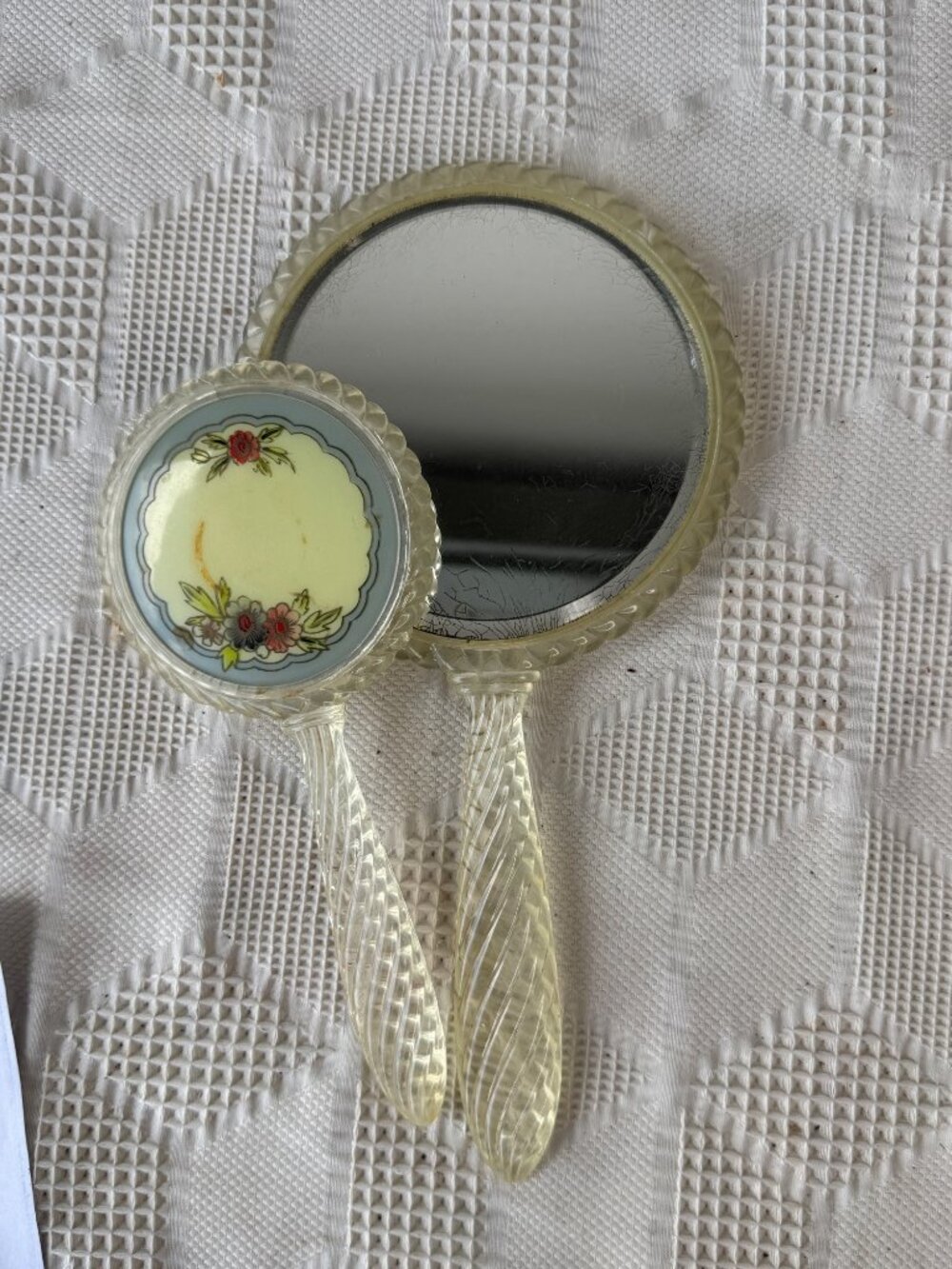 Vintage Handheld Mirror Set with Floral Design & Clear Lucite Frame and Handles